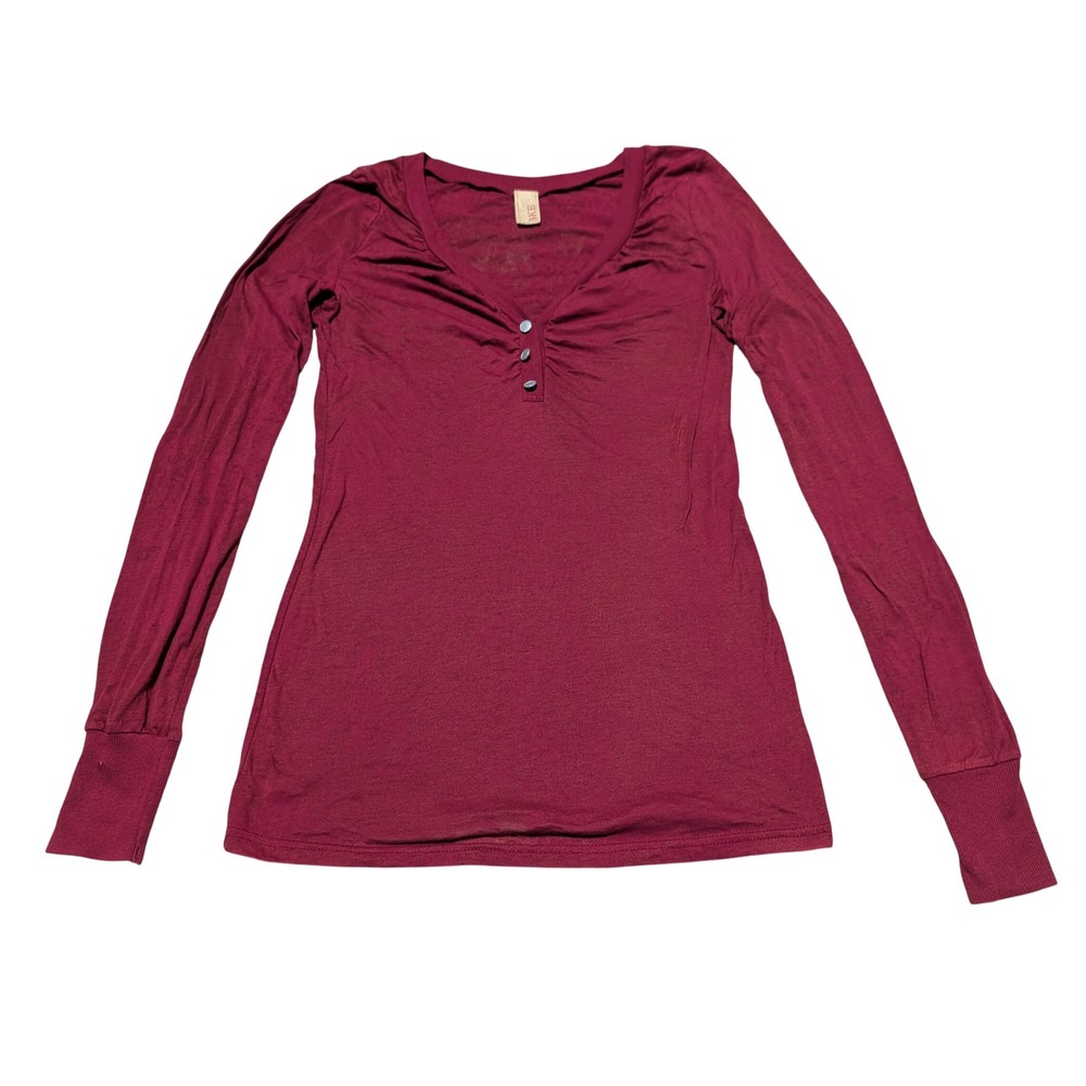 BKE Top Women M Burgundy Henley V-Neck Ruched Long Sleeve Burnout Casual Boho